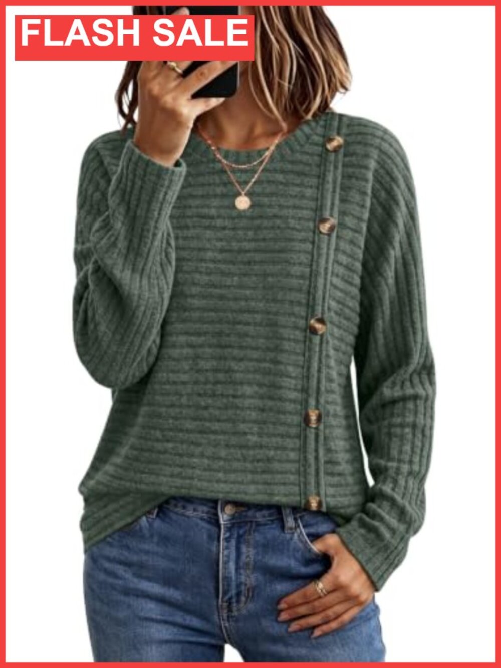 Womens Tunic Sweater Long Sleeve Crew Neck Button Detail Textured Knit Top